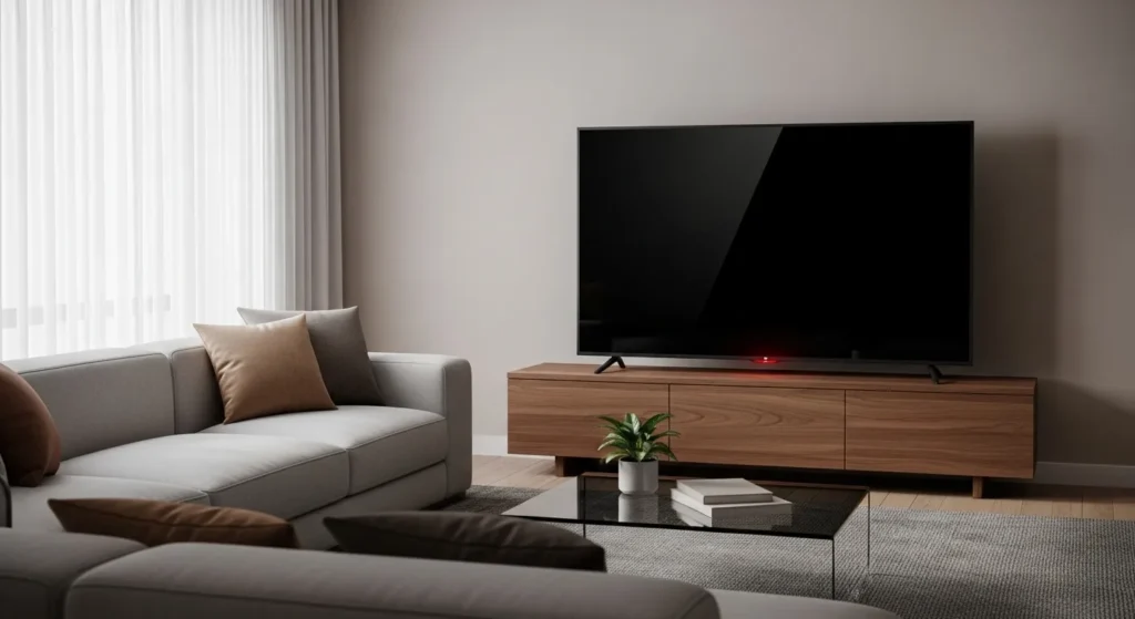 Philips TV with black screen and red standby light showing power issue