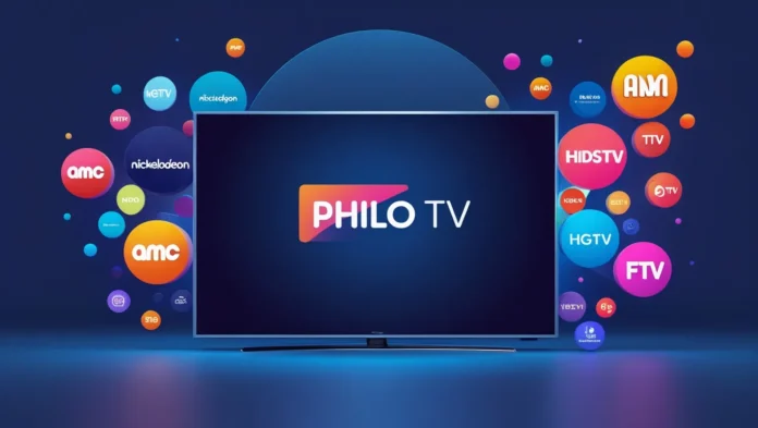 Smart TV displaying Philo TV logo with channel logos in the background.