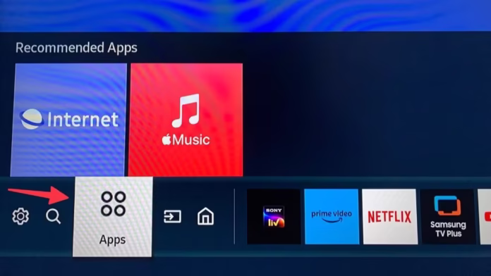 Samsung Smart TV Apps section with search icon.