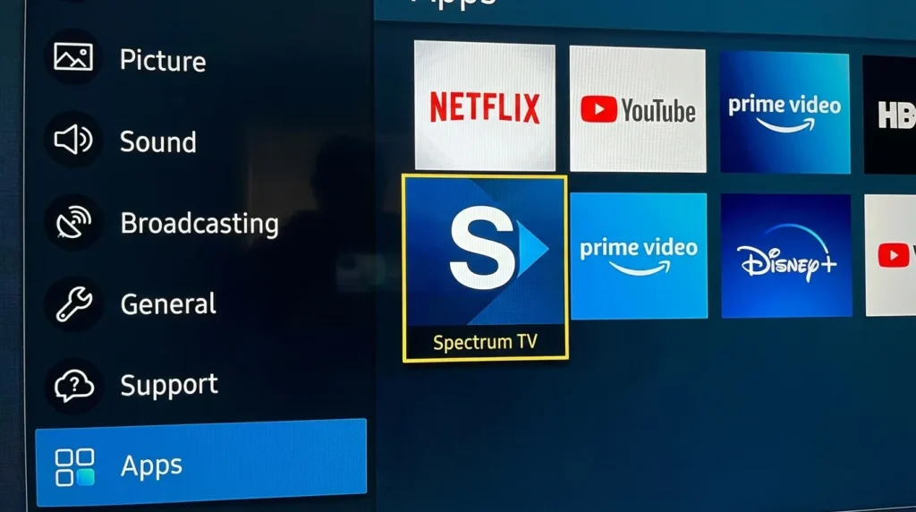 Samsung TV settings menu showing how to clear Spectrum app cache