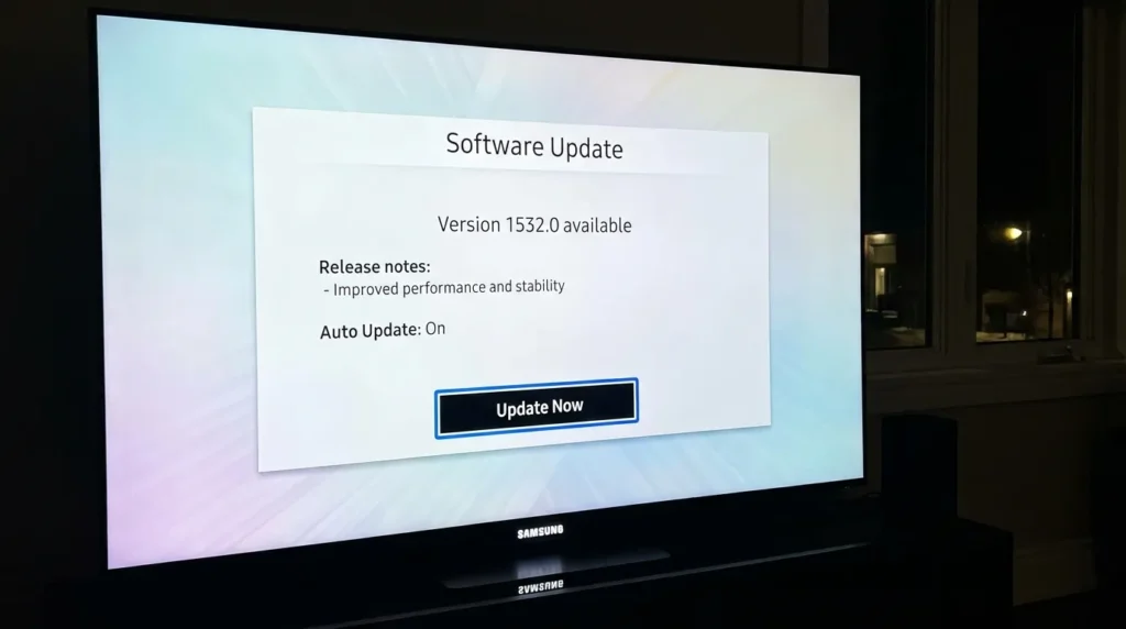 Samsung TV firmware update screen showing Update Now button
