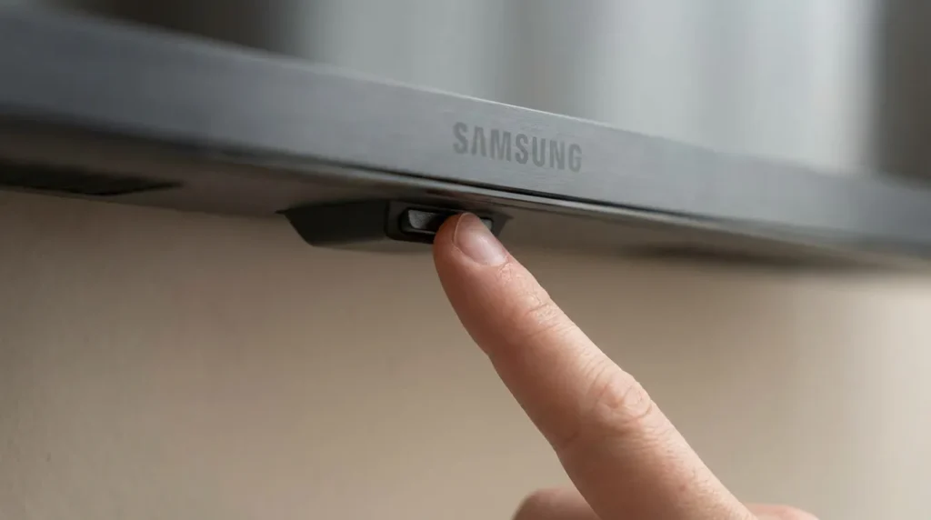 Hand pressing the physical control button on a Samsung TV