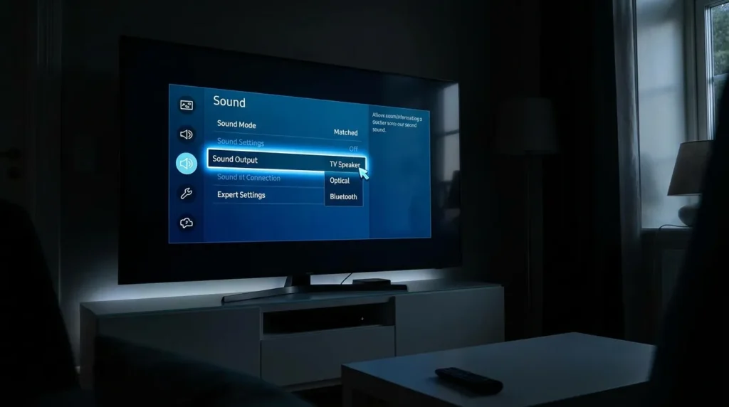 Samsung TV Sound Output menu open on screen
