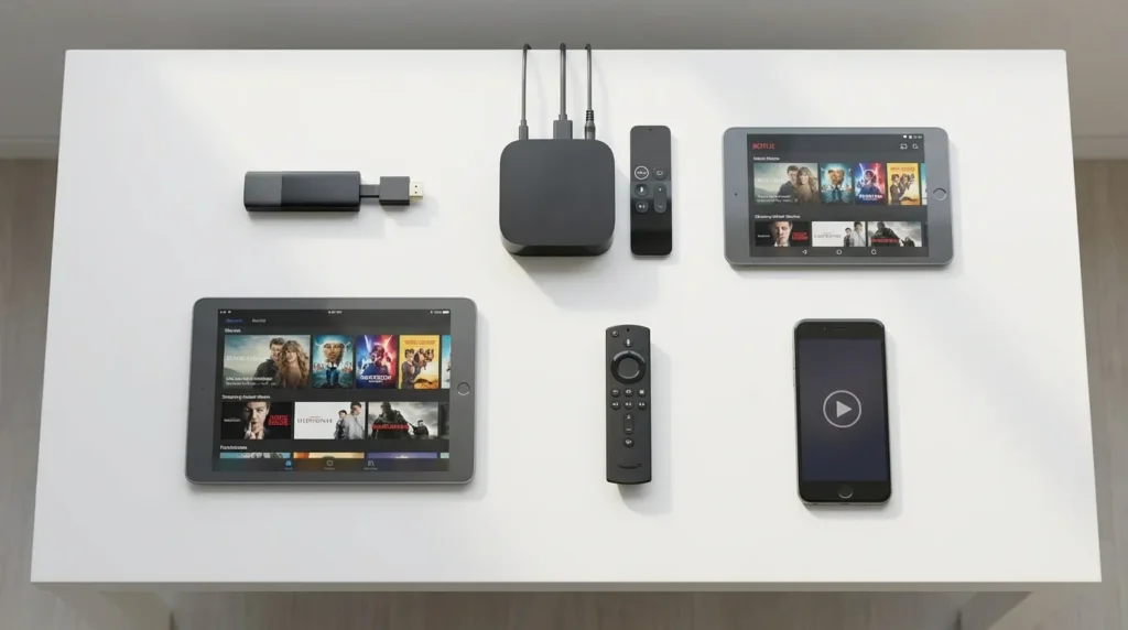 Streaming devices that support Sling Freestream including Fire TV Stick, Roku, tablet and smartphone