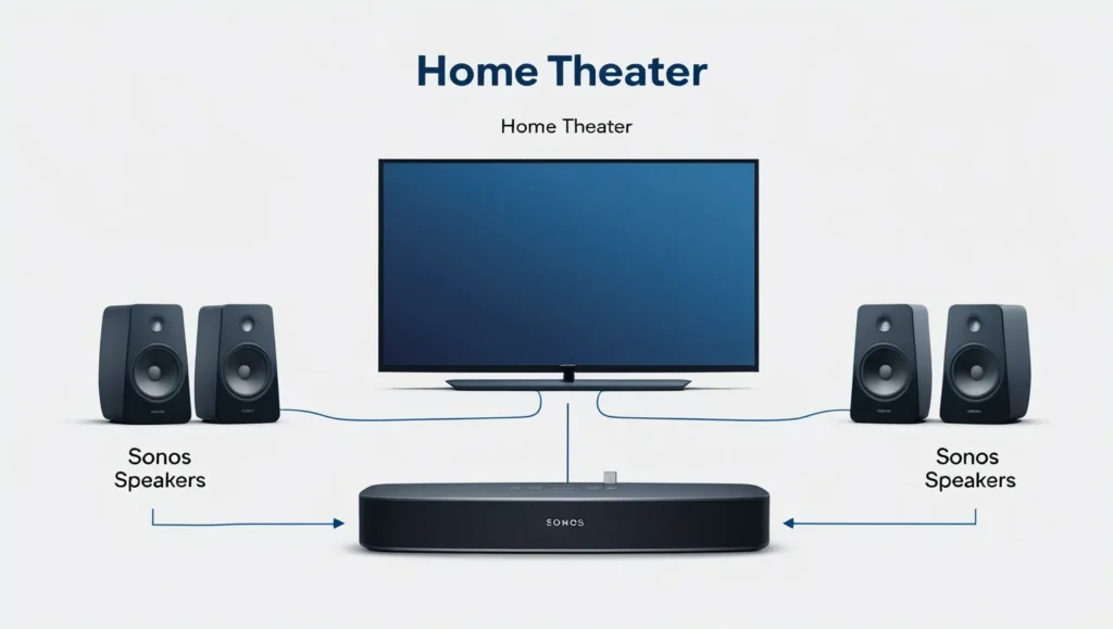 Sonos soundbar and speakers in a home theater setup.