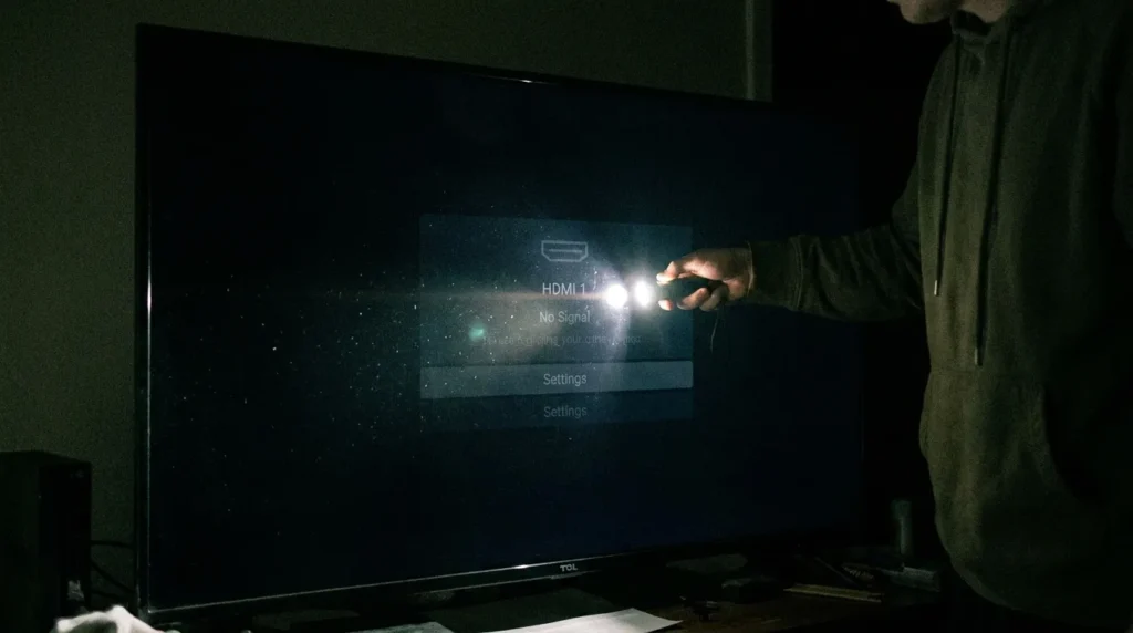 Flashlight test on TCL TV black screen to check for backlight failure