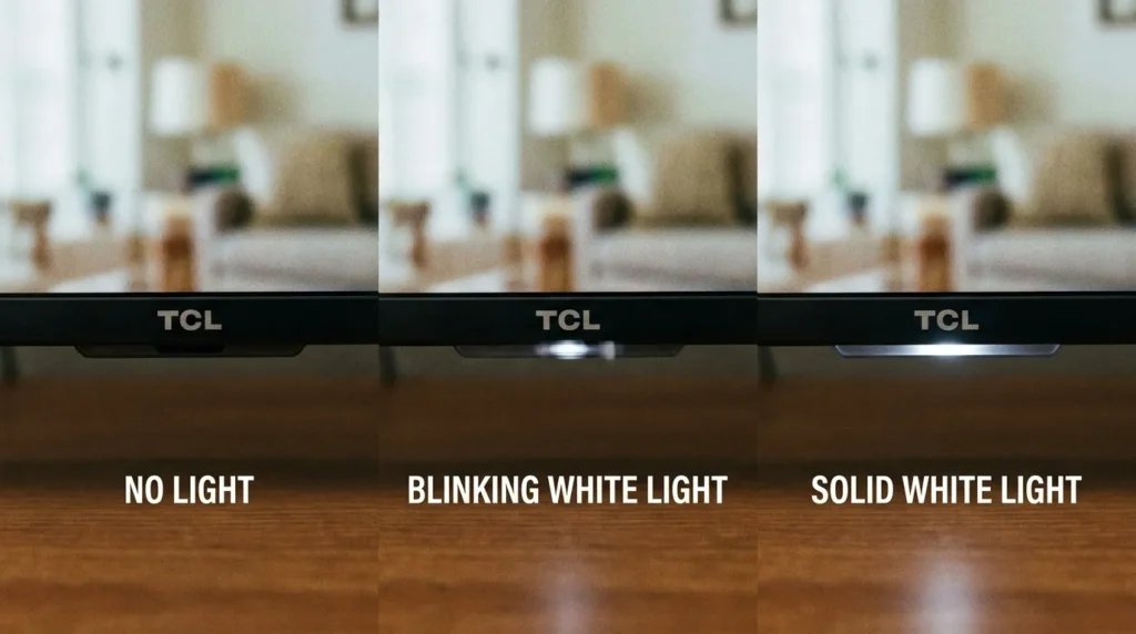 TCL TV LED indicator showing no light, blinking light, and solid light states