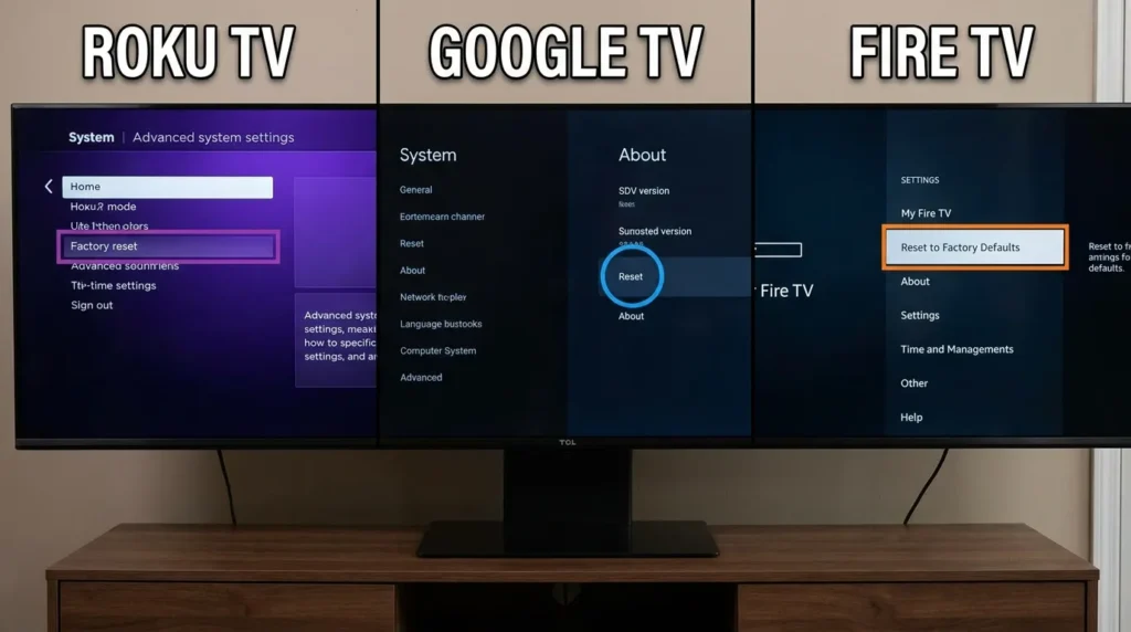TCL Roku TV Google TV and Fire TV factory reset menu paths comparison