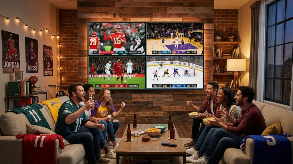 TCLtv+ free sports channels displayed on a smart TV including CBS Sports HQ and FOX Sports