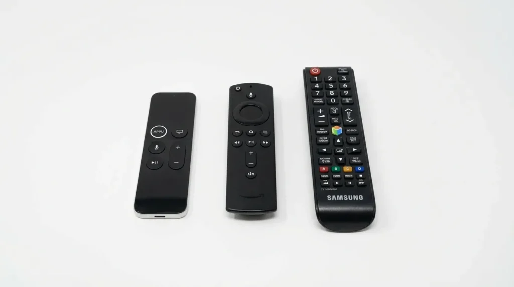 Apple TV remote and Fire Stick remote next to Samsung TV remote