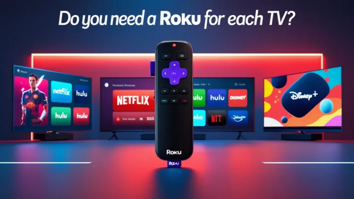Roku device with multiple TVs in background.