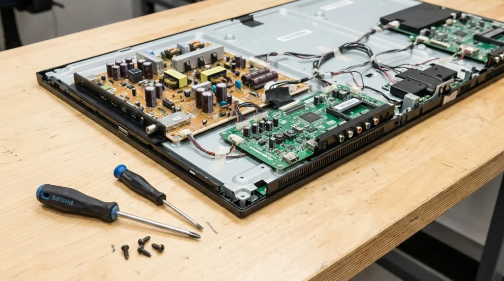 Internal view of TV power supply board showing capacitors during inspection