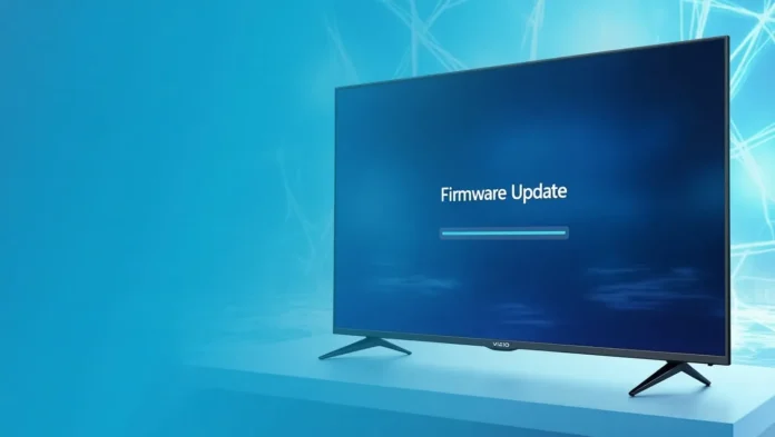Vizio TV screen showing firmware update process.