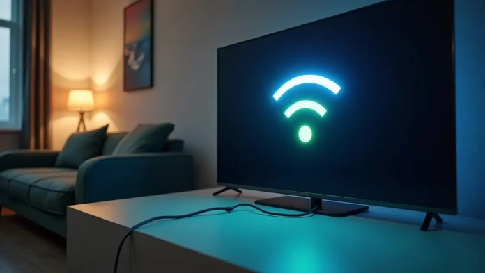 Vizio TV with Wi-Fi icon and Ethernet cable in a modern living room.