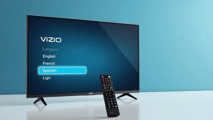 Vizio TV screen with language menu and remote.