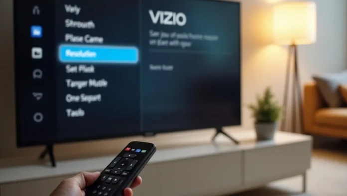 Vizio TV with resolution menu and remote