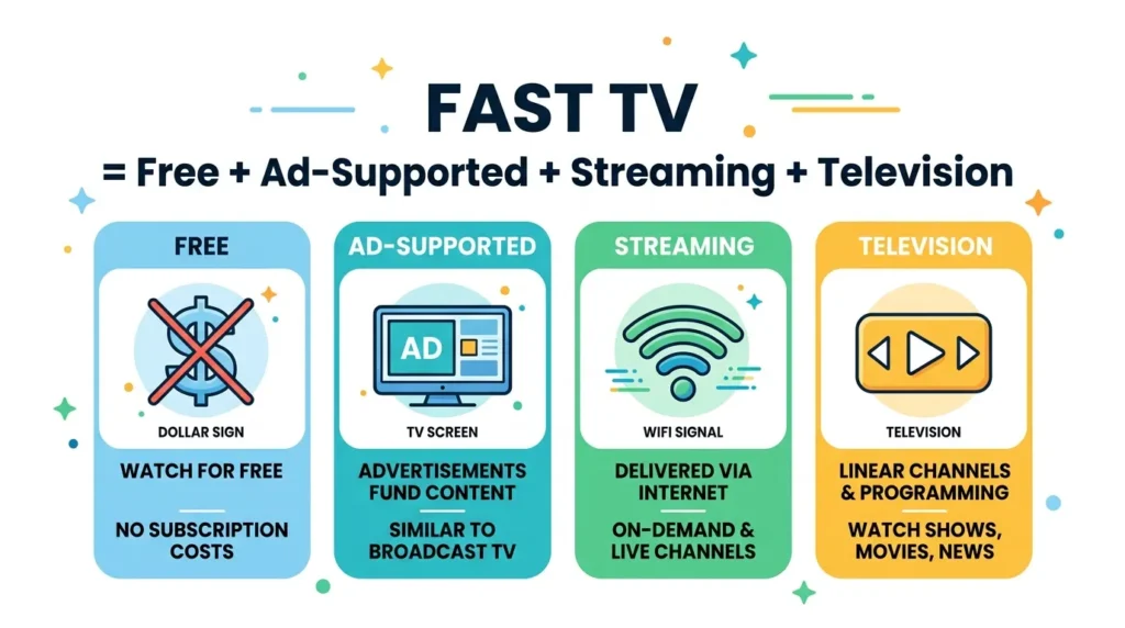 FAST TV explained — Free Ad-Supported Streaming Television infographic