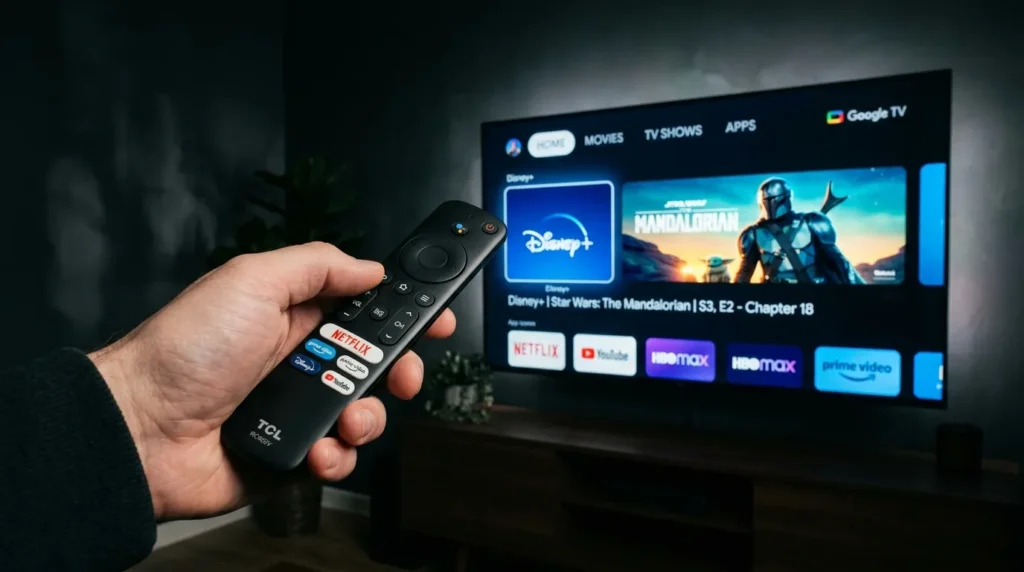 TCL TV remote pointing at TCLtv+ streaming interface on a smart TV