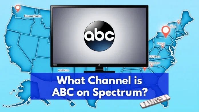 TV screen with ABC logo and Spectrum remote, showing channel guide information.