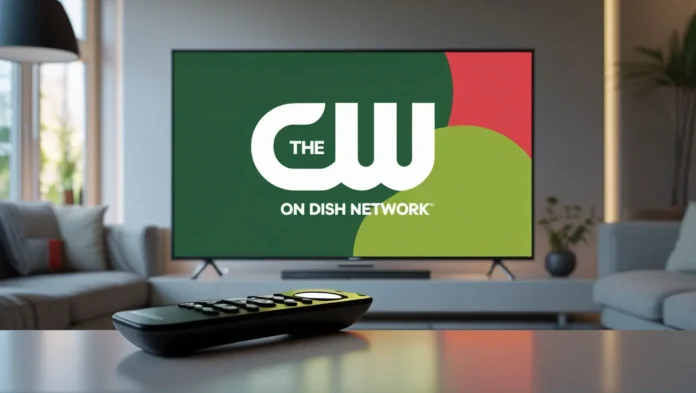 The CW logo on a TV with Dish Network remote