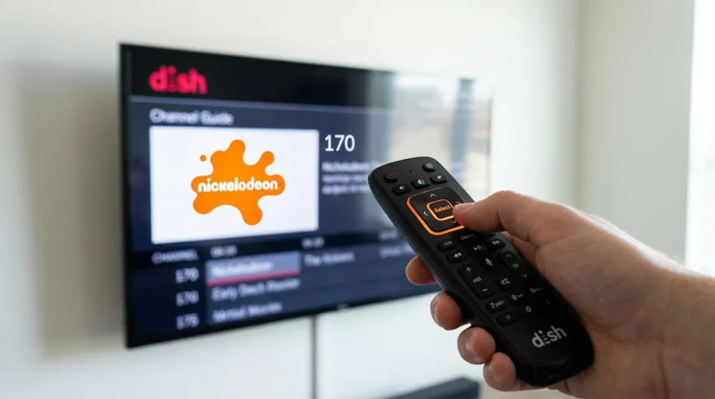 DISH Network remote pointing at TV showing Nickelodeon channel 170