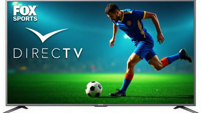 Soccer player on field with DirecTV and Fox Sports logos