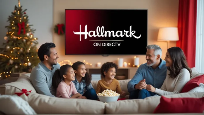 Family on couch viewing Hallmark Channel on TV