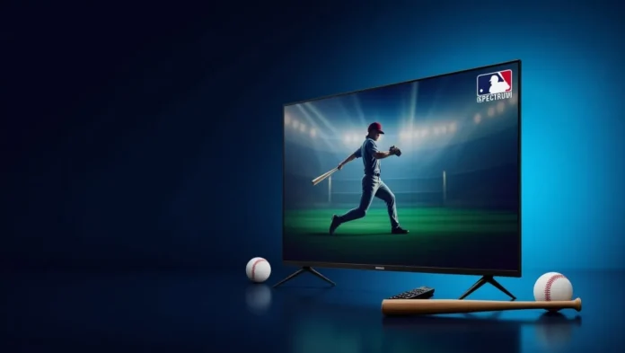 Smart TV showing baseball game with Spectrum logo and remote control