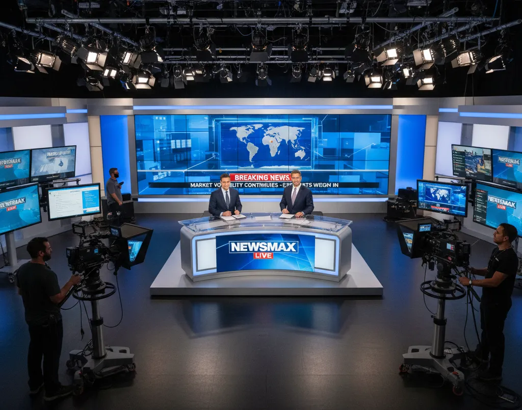 Newsmax TV news studio with broadcast equipment and anchor desk
