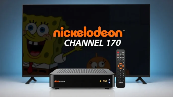 Dish Network receiver and remote showing channel 170 with Nickelodeon logo on TV screen