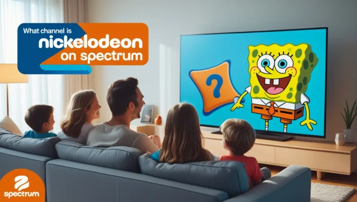 Family watching Nickelodeon on Spectrum TV with SpongeBob on screen