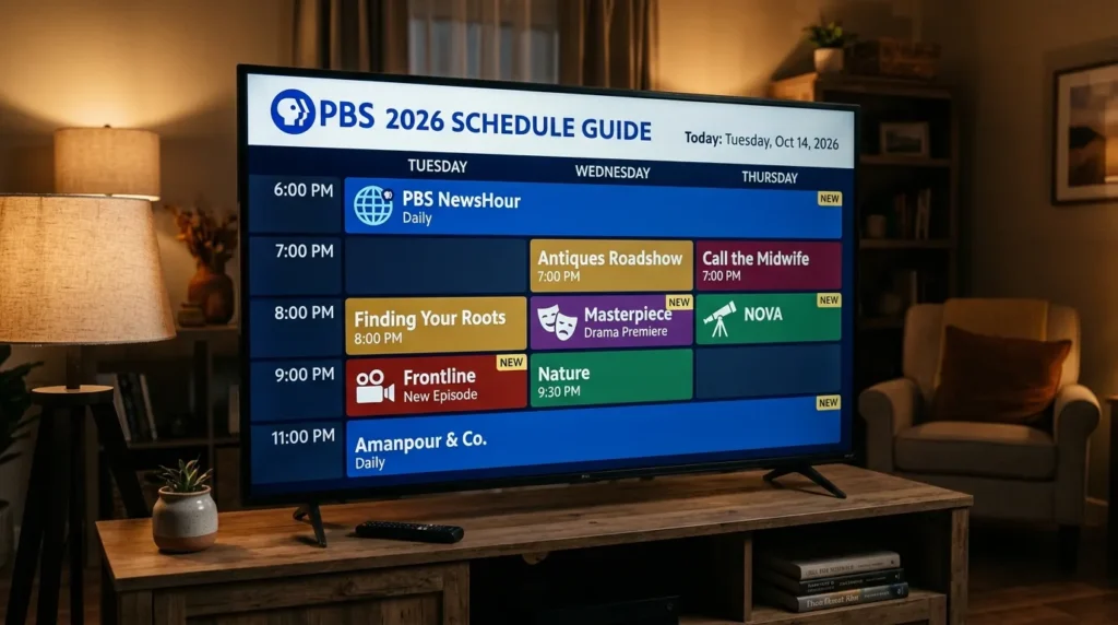 PBS 2026 programming schedule showing Masterpiece, Frontline, and PBS NewsHour on a TV screen