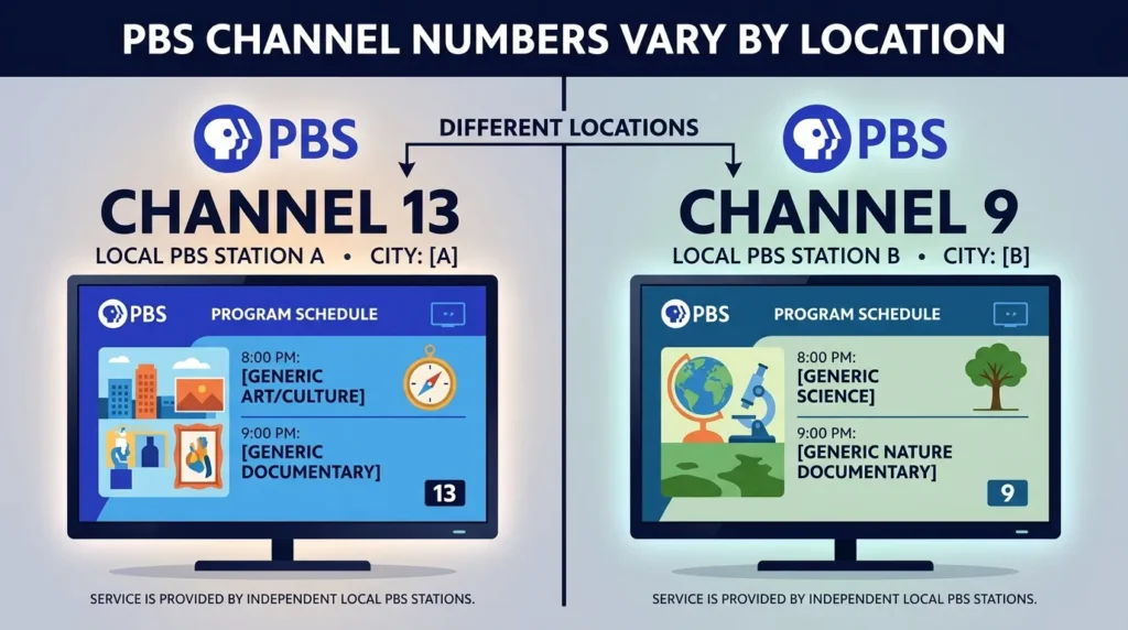 Two TV screens showing different PBS channel numbers by location on DirecTV