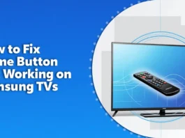 Samsung TV and remote with home button fix text.