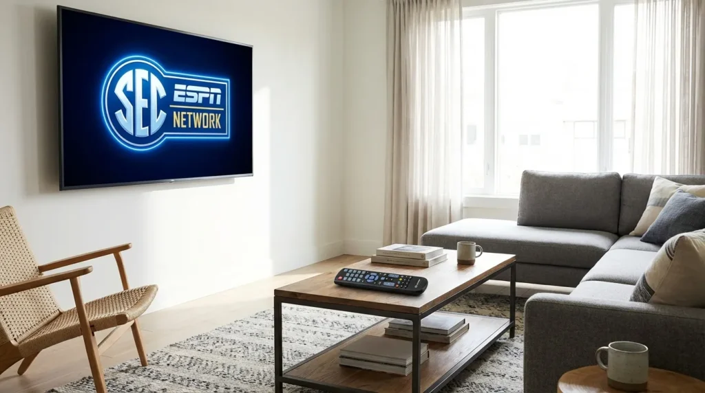 Spectrum cable TV remote and television showing SEC Network channel guide