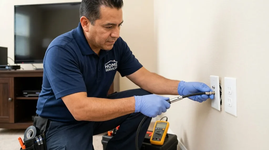 Cable technician properly connecting coaxial cable to fix TV signal issues