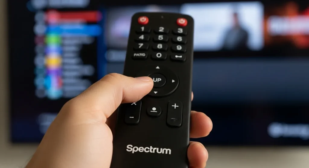 Hand holding a Spectrum remote control pointing at a TV channel guide