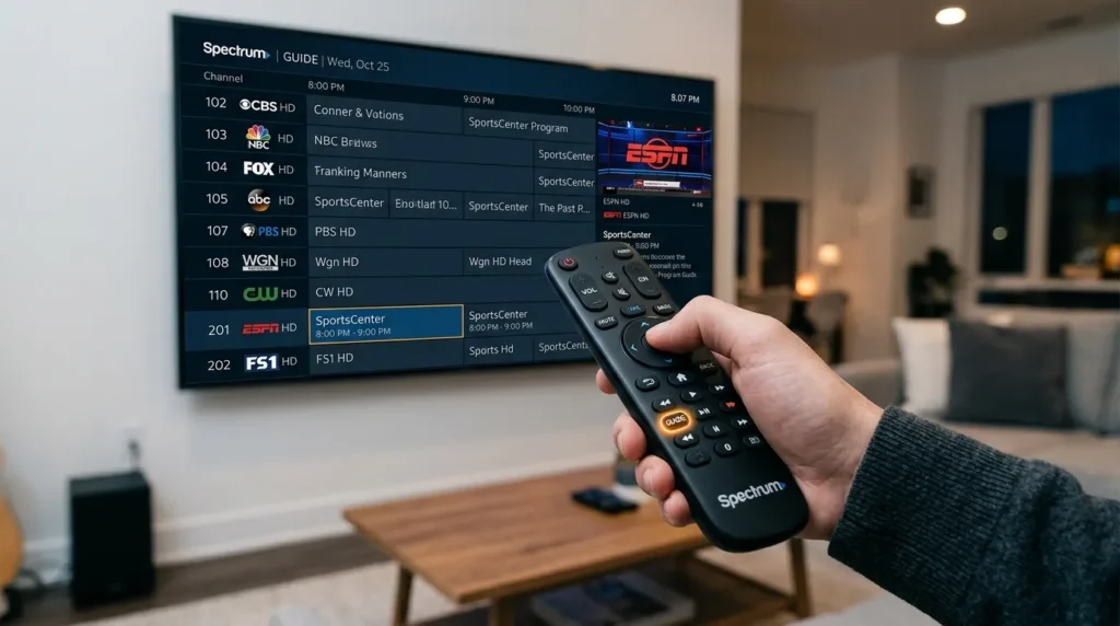 Spectrum TV remote control showing Guide button for finding TBS channel number