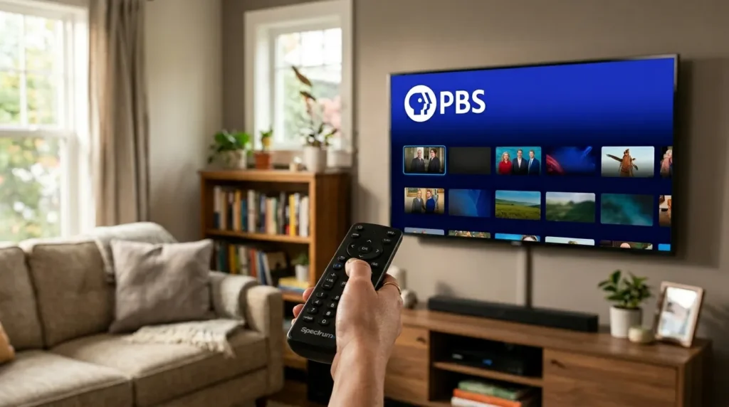 Hand holding Spectrum remote pointing at TV showing PBS app on screen