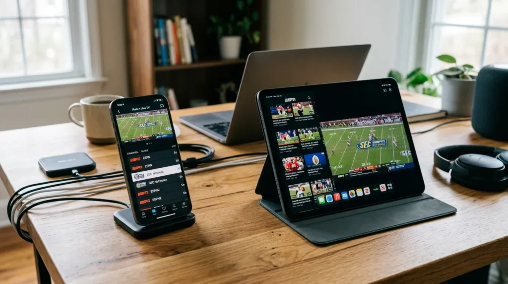 Mobile devices showing streaming apps with SEC Network available for cord-cutters