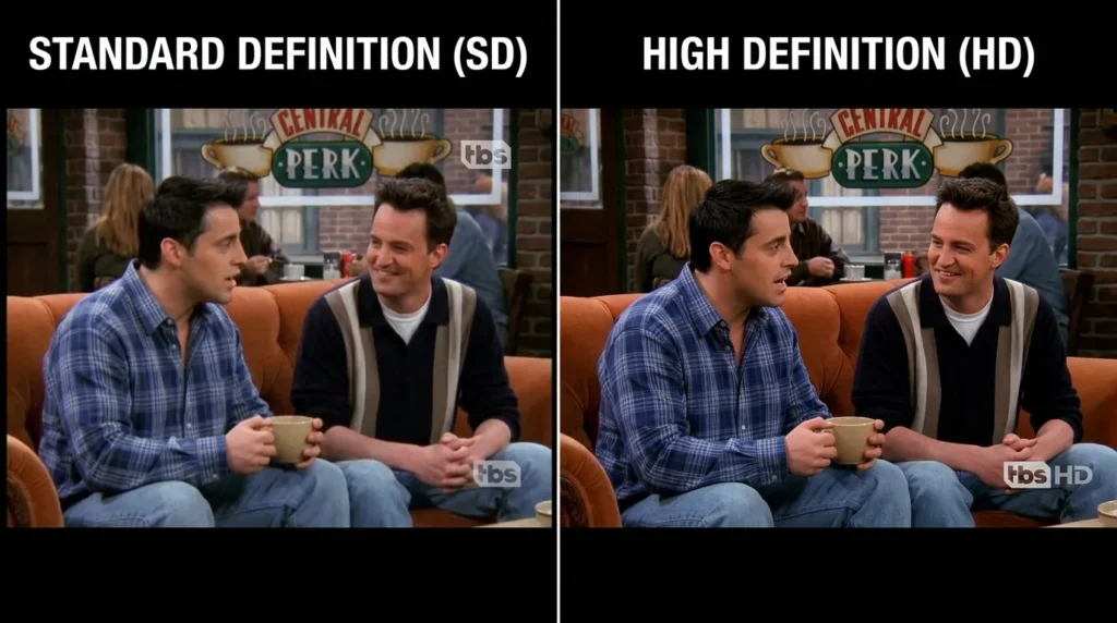 Side by side comparison of TBS standard definition and high definition broadcast quality