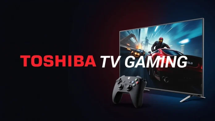 Thumbnail of Toshiba TV with gaming scene and controller for blog post