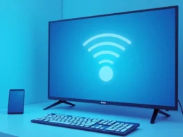 Smart TV with WiFi icon and smartphone for remote-free connection