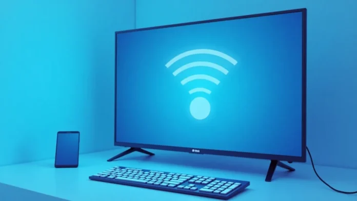 Smart TV with WiFi icon and smartphone for remote-free connection