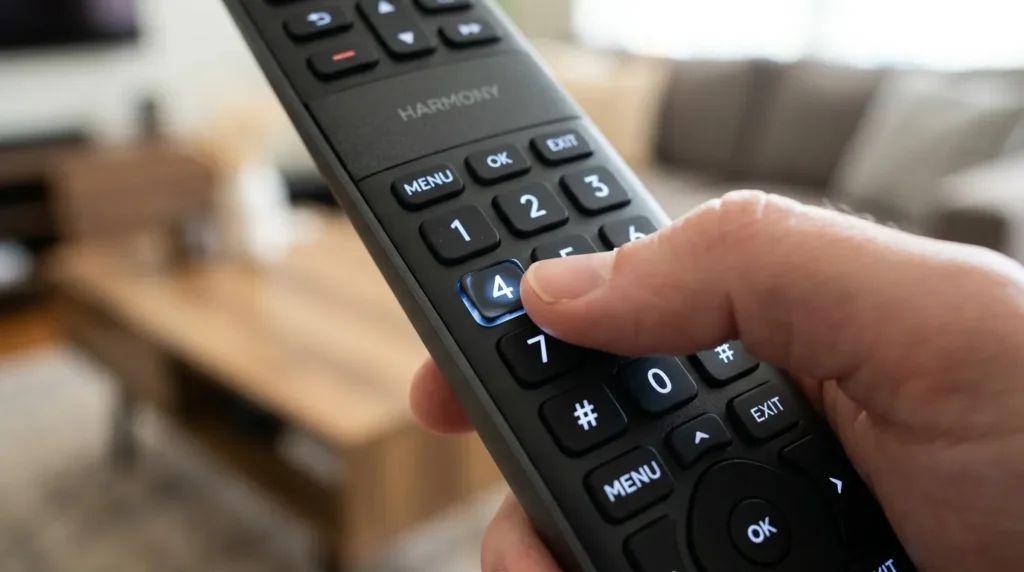 Hand entering programming code on universal remote number pad