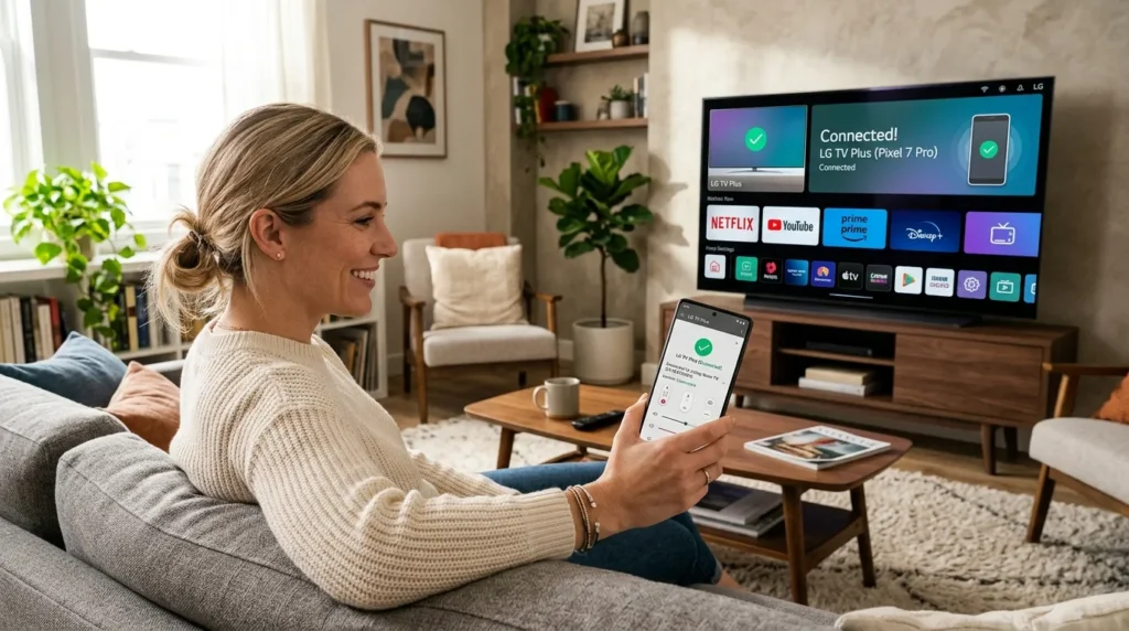 LG TV Plus app on smartphone controlling LG television