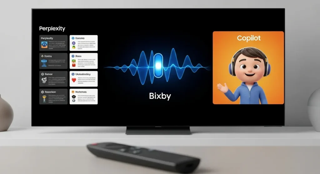 TV screen showing multiple Samsung AI interfaces.