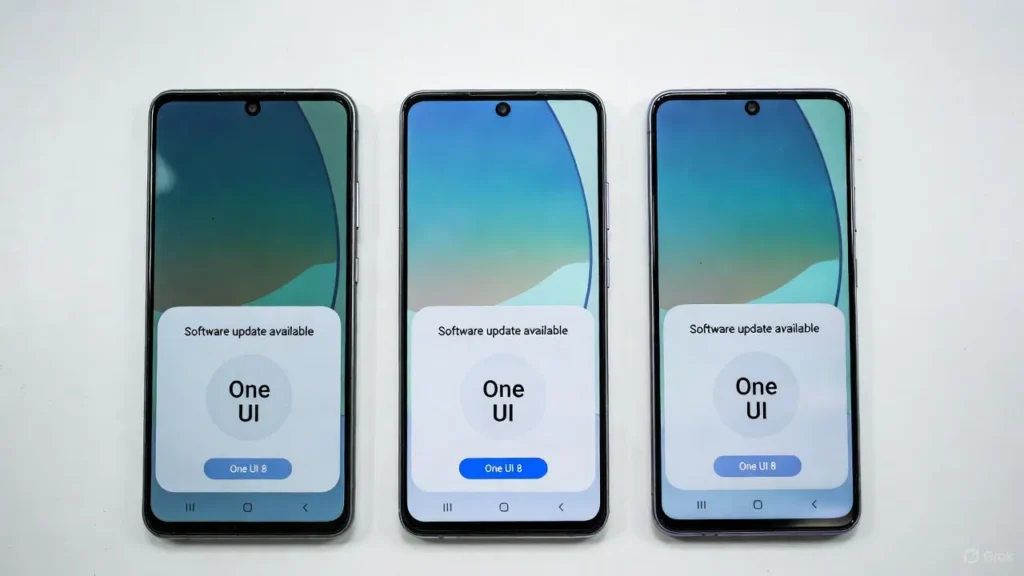 Three Samsung Galaxy A-series phones displaying One UI 8 update notification.