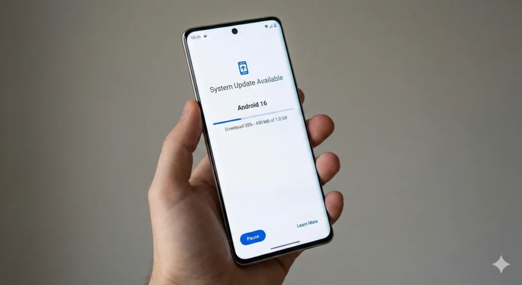 Moto Edge 50 Ultra showing Android 16 stable update notification.
