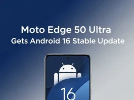 Motorola Edge 50 Ultra with Android 16 logo